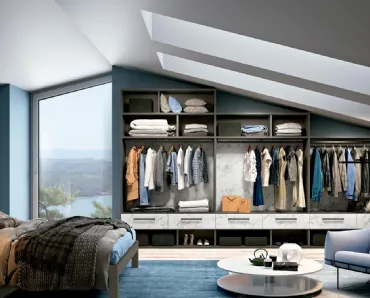 Cabina Armadio mansardata in materico effetto marmo di Carrara e laccato opaco Look 13 di Ferrimobili