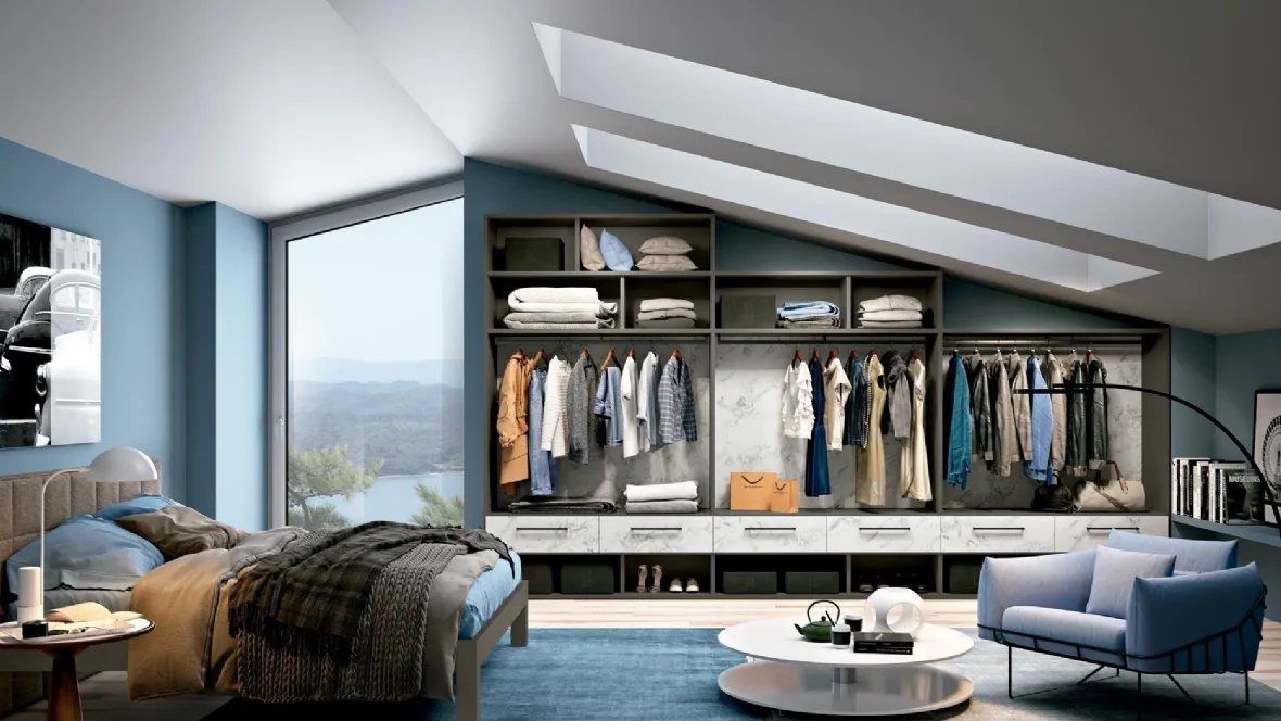 Cabina Armadio mansardata in materico effetto marmo di Carrara e laccato opaco Look 13 di Ferrimobili