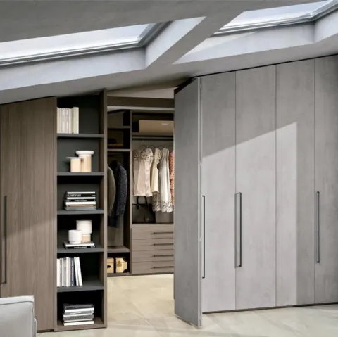 Cabina Armadio Bifacciale in materico effetto cemento e legno Composizione 02 di Ferrimobili