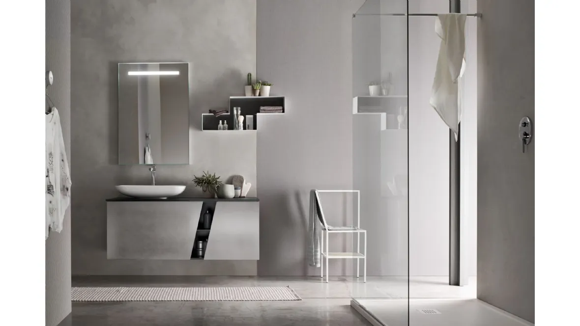 Mobile da Bagno sospeso laccato Platino con top in cristallo Fumo E-Ly 80 di Arcom