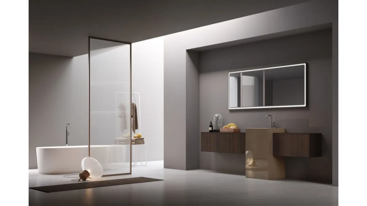 Mobile da Bagno a terra Pollock 63 in Eucalipto con lavabo in gres lucido di Arcom