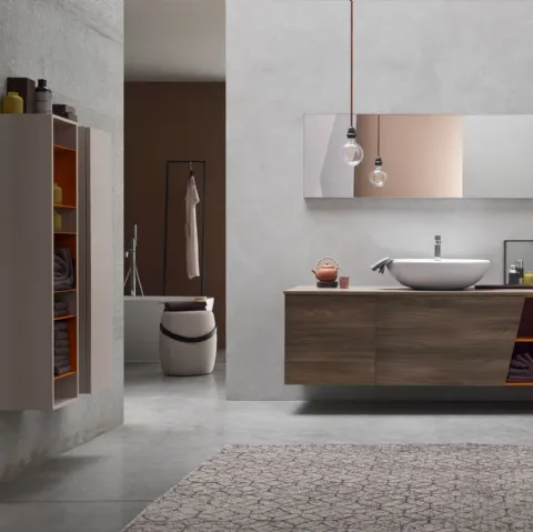 Mobile da Bagno sospeso in Olmo marrone con vano a giorno laccato Mattone opaco E-Ly 77 di Arcom