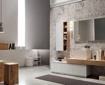 Mobile da Bagno a terra laccato Bianco con piano in Rovere Soul 02 di Arcom