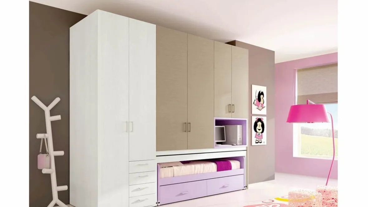 Cameretta per Ragazze 609 a ponte con letto e scrivania estraibili di Ferrimobili