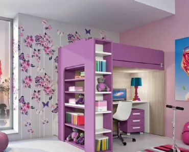 Cameretta a soppalco per Ragazze 931 in laccato opaco viola e bianco di Ferrimobili