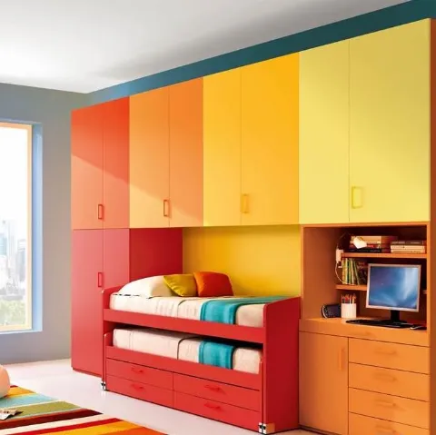 Cameretta per Ragazzi 624 a ponte in laccato colorato e secondo letto estraibile di Ferrimobili