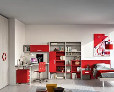 Cameretta per Ragazzi 832 in laccato rosso e legno di Ferrimobili