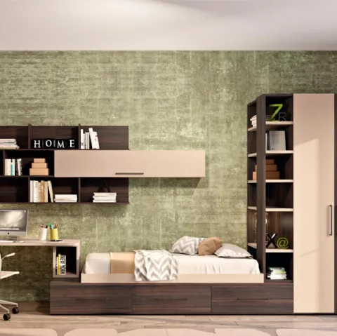 Cameretta moodbook 212 in legno e laccato con scrivania di Ferrimobili