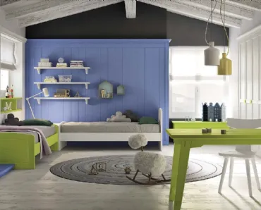 Cameretta colorata Liberiamo la Fantasia N23 in legno laccato Blu oltremare, Lime e Bianco gesso di Scandola