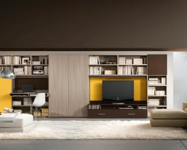 Libreria Living 73D che include una scrivania e un mobile per il televisore di Ferrimobili