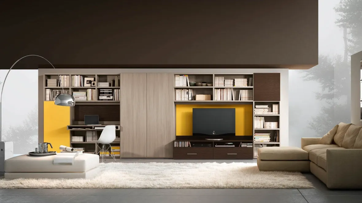 Libreria Living 73D che include una scrivania e un mobile per il televisore di Ferrimobili