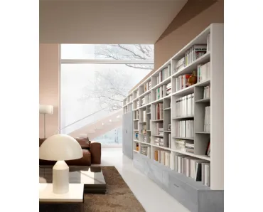Libreria Living 78D con vani a giorno e ante in materico effetto cemento di Ferrimobili