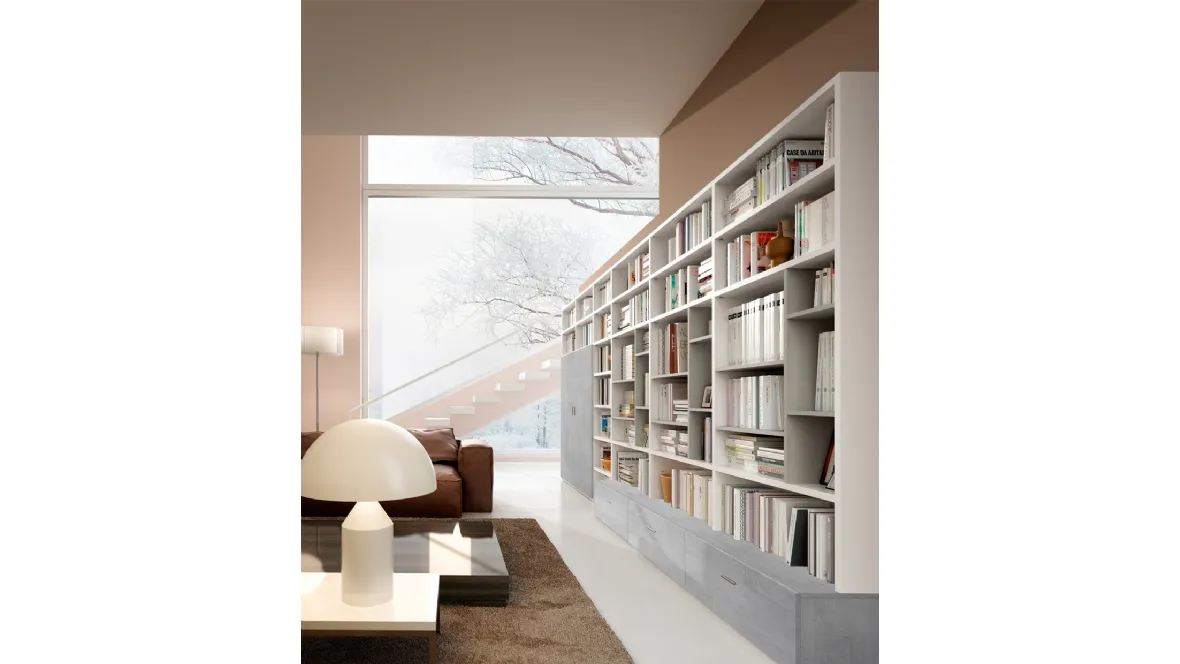 Libreria Living 78D con vani a giorno e ante in materico effetto cemento di Ferrimobili