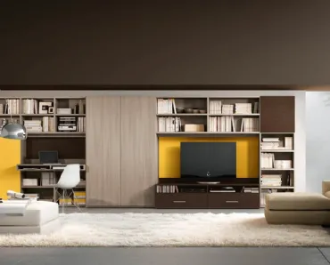 Parete Attrezzata Living 73D include una scrivania, una libreria e un mobile per il televisore di Ferrimobili