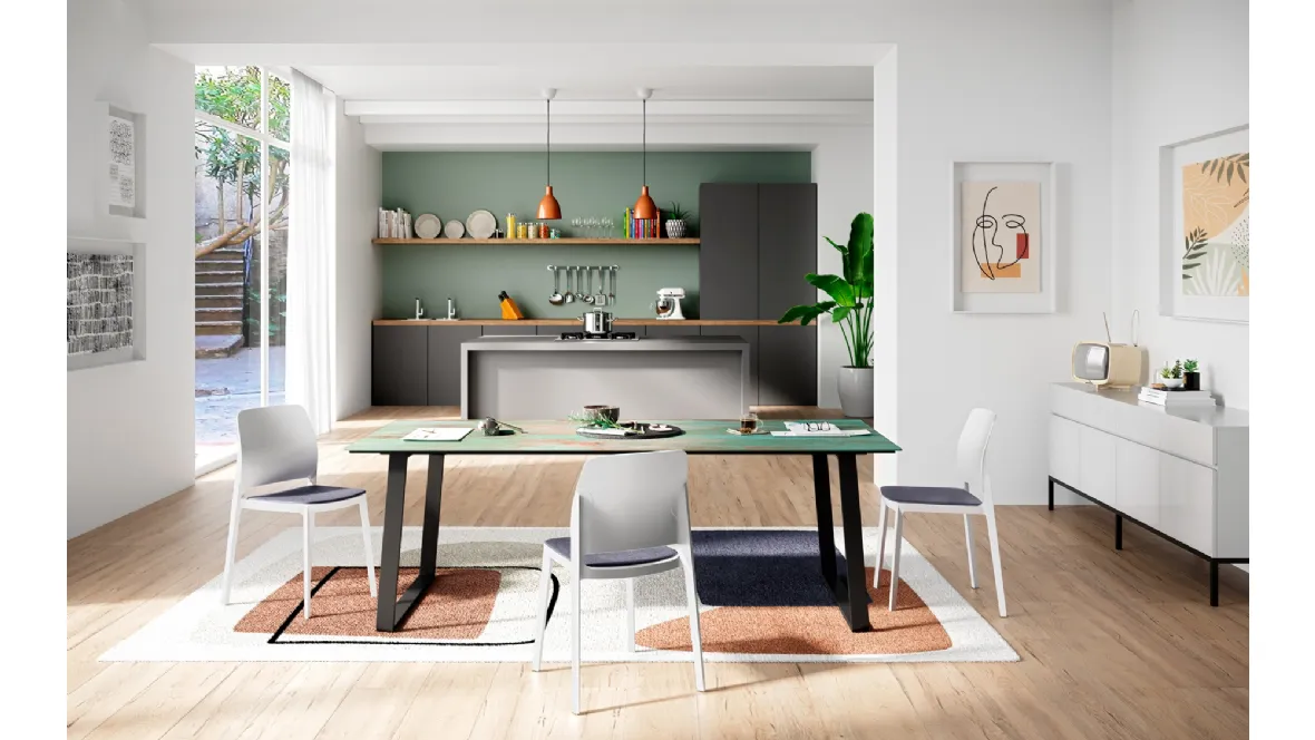 Tavolo Otto con base in tubolare metallico rettangolare e top in laminato di Pointhouse