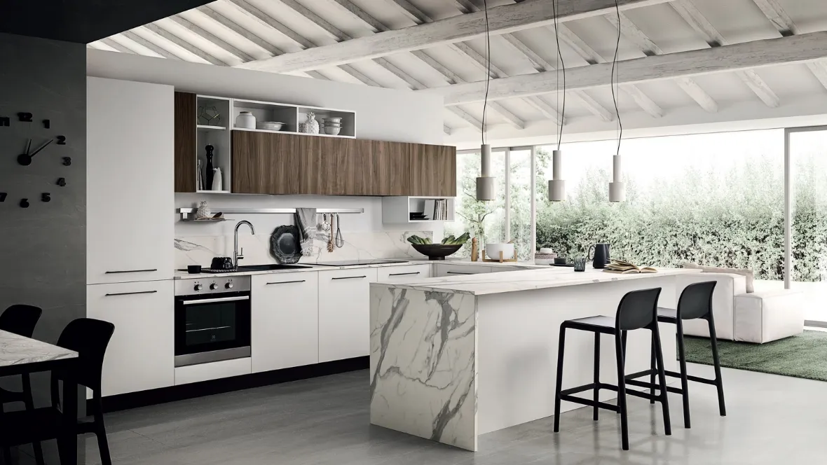 Cucina Moderna in laccato opaco con pensili effetto legno noce Easy 012 di Ar-due