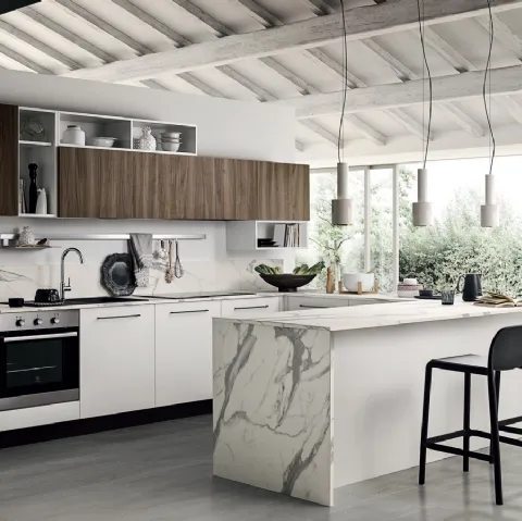 Cucina Moderna in laccato opaco con pensili effetto legno noce Easy 012 di Ar-due