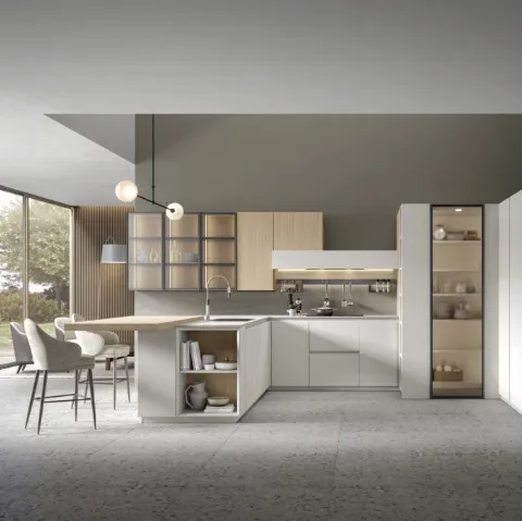 Cucina Moderna angolare con penisola in rovere naturale e finitura bianca Eclettica 02 di Scandola