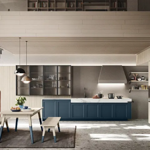 Cucina Moderna lineare in legno finitura Denim con top in HPL Calacatta Maestrale M06 di Scandola